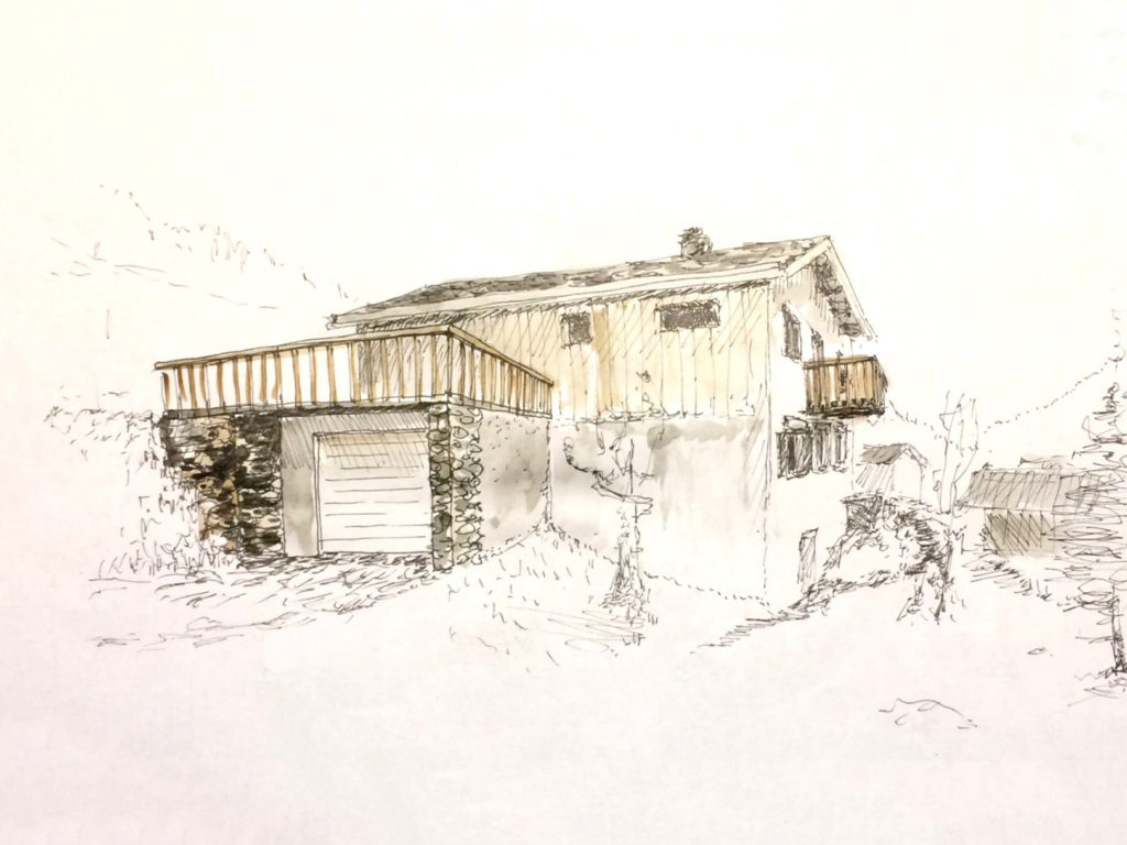 Chalet du Plan Chauzeau à Valmeinier : dessin d'intention du projet avec l'extension du garage en pierre et bois.